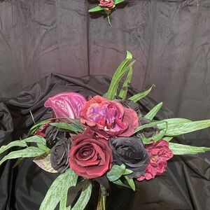 Burgundy and Black Fun Wedding bouquet with small matching boutonnière